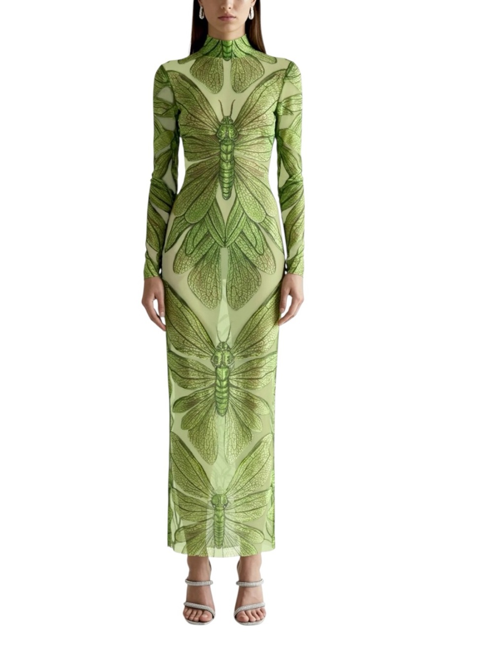 NWT JW PEI Emerald Green Dragonfly Sheer Mesh Maxi Bodycon Dress 8